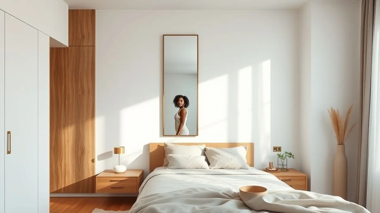 Quarto moderno com espelho de corpo inteiro, estilo minimalista brasileiro.