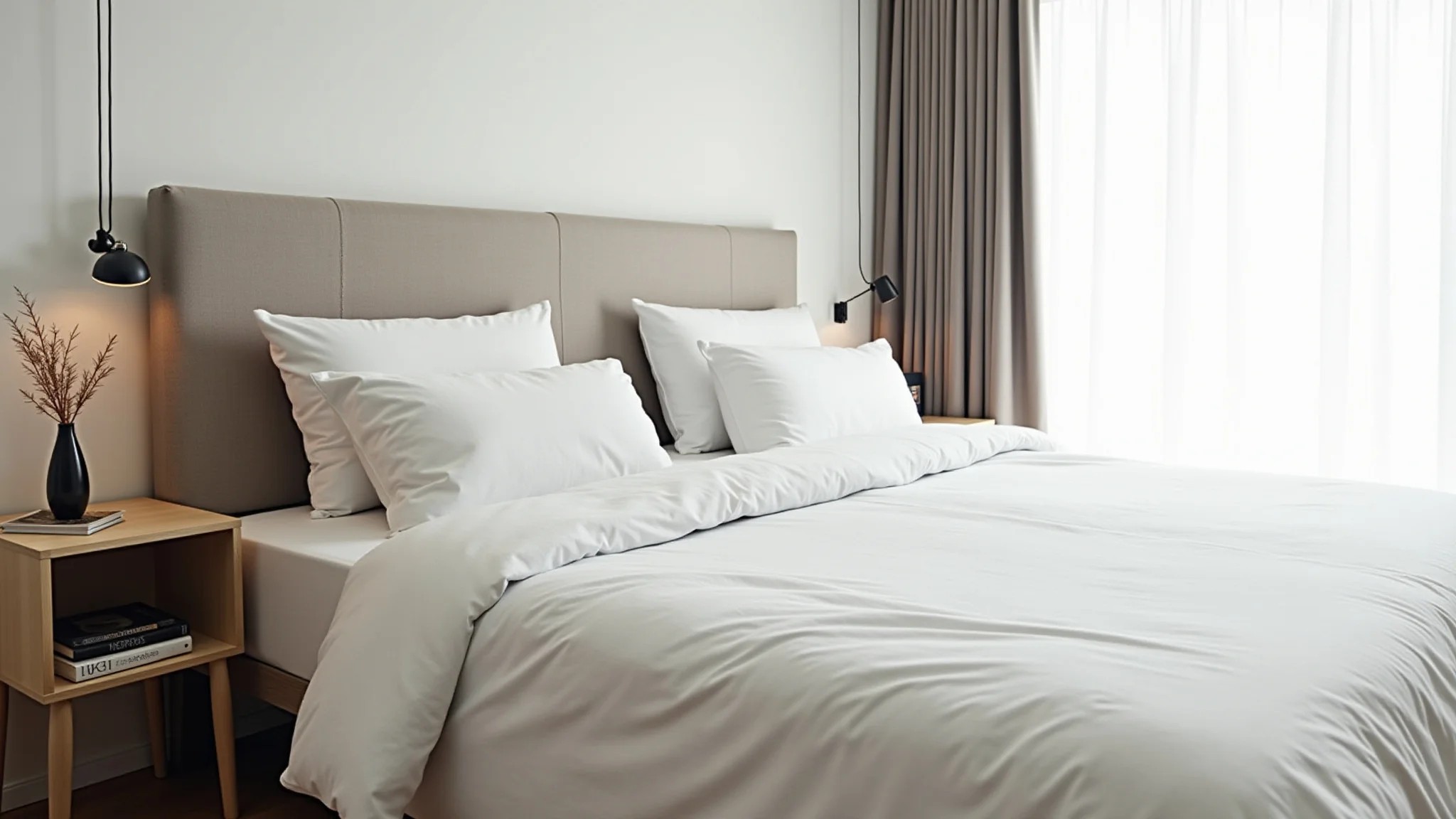 Quarto moderno com cabeceira estofada de linho e decoração minimalista.