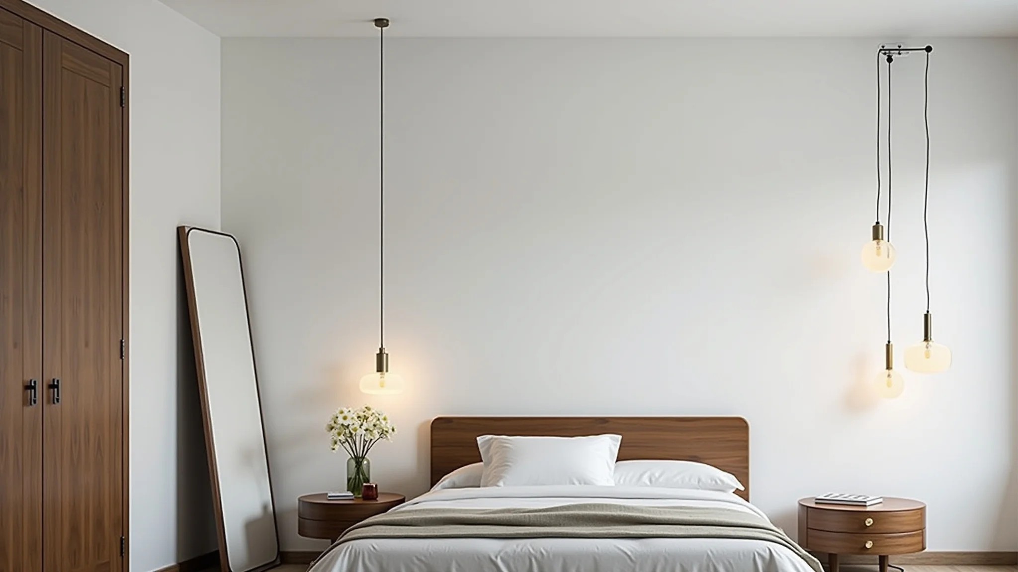 Quarto moderno com pendente minimalista, iluminação clara e design brasileiro.