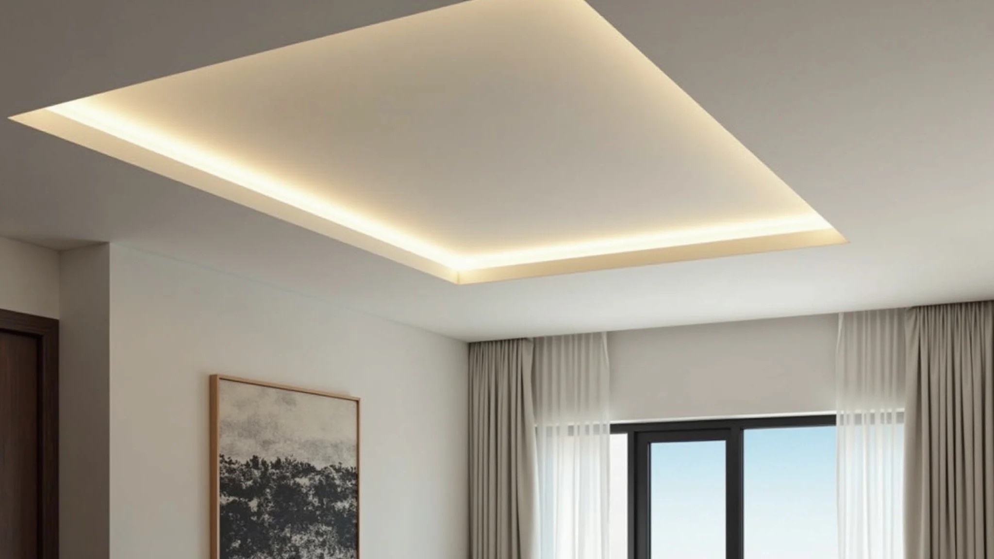Quarto moderno com luminária de teto minimalista e design clean.