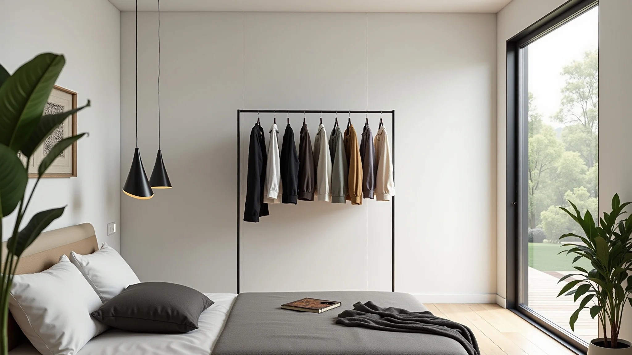 Quarto moderno com arara suspensa, decoração minimalista e iluminação natural.