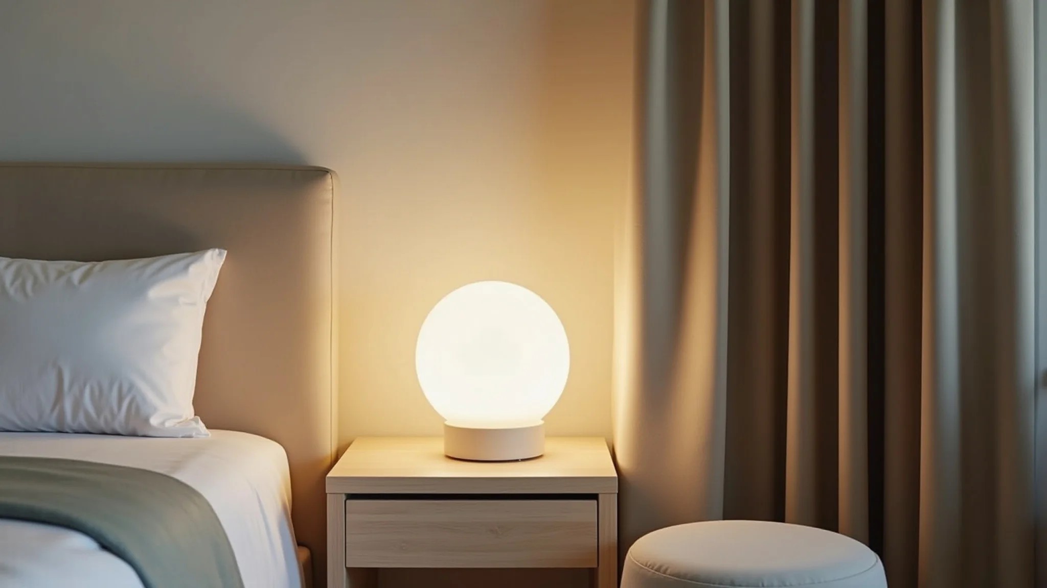 Quarto moderno com abajur minimalista e iluminação suave.