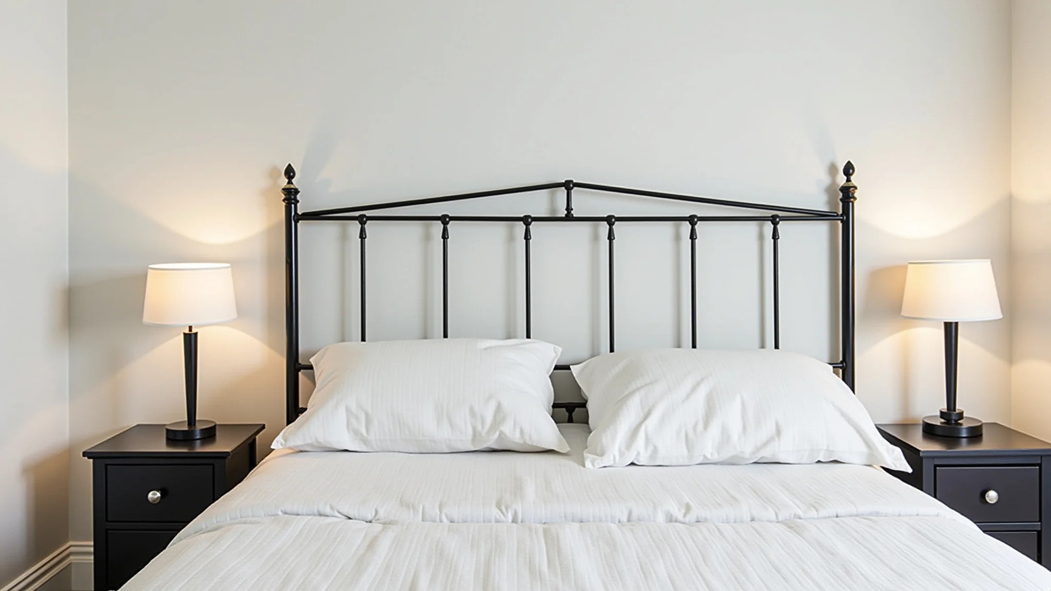 Quarto moderno com cabeceira de ferro minimalista e iluminação clara.