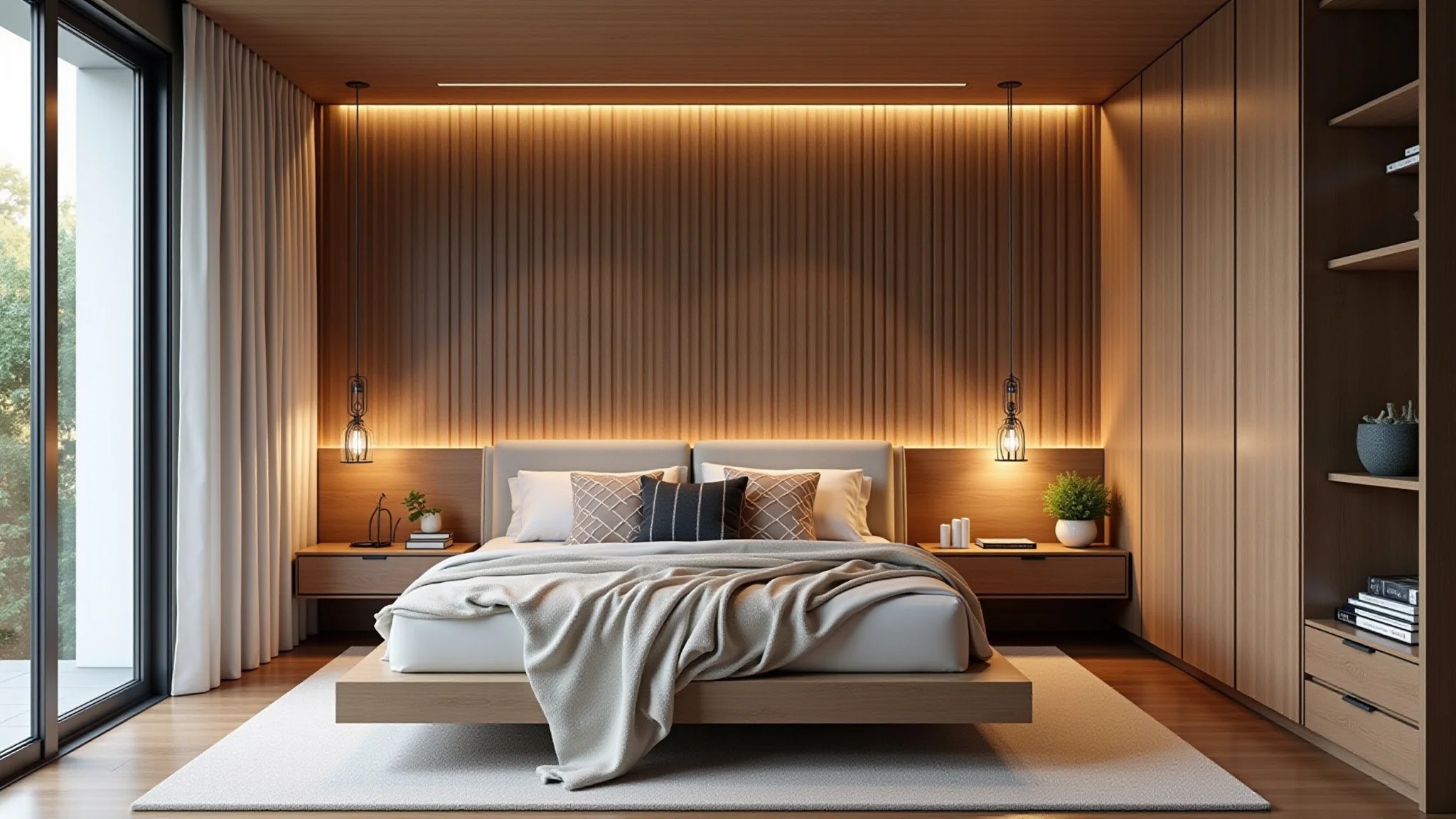 Quarto moderno com cama suspensa e cantinho de leitura aconchegante embaixo.