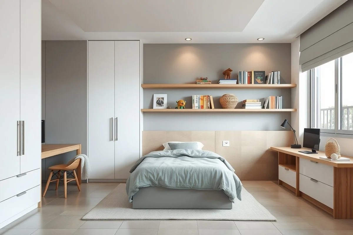 Quarto moderno para menino com design minimalista, cores neutras e móveis simples. Ambiente clean e organizado.