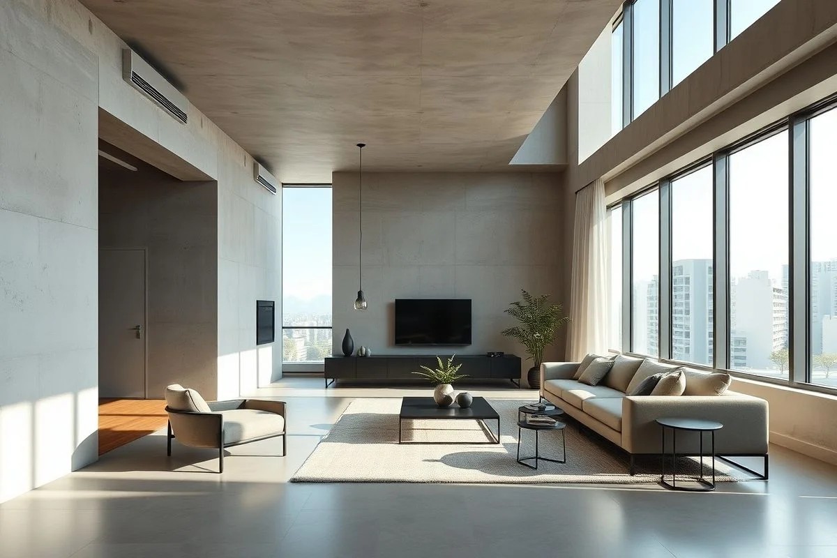 Apartamento moderno com design minimalista, cores neutras e luz natural.