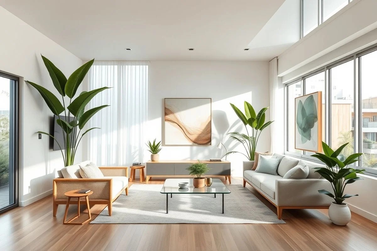 Sala moderna com paleta de cores pastel, móveis minimalistas e iluminação natural.