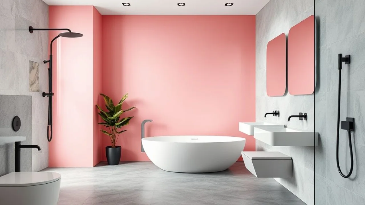 Banheiro moderno rosa e cinza com design minimalista.