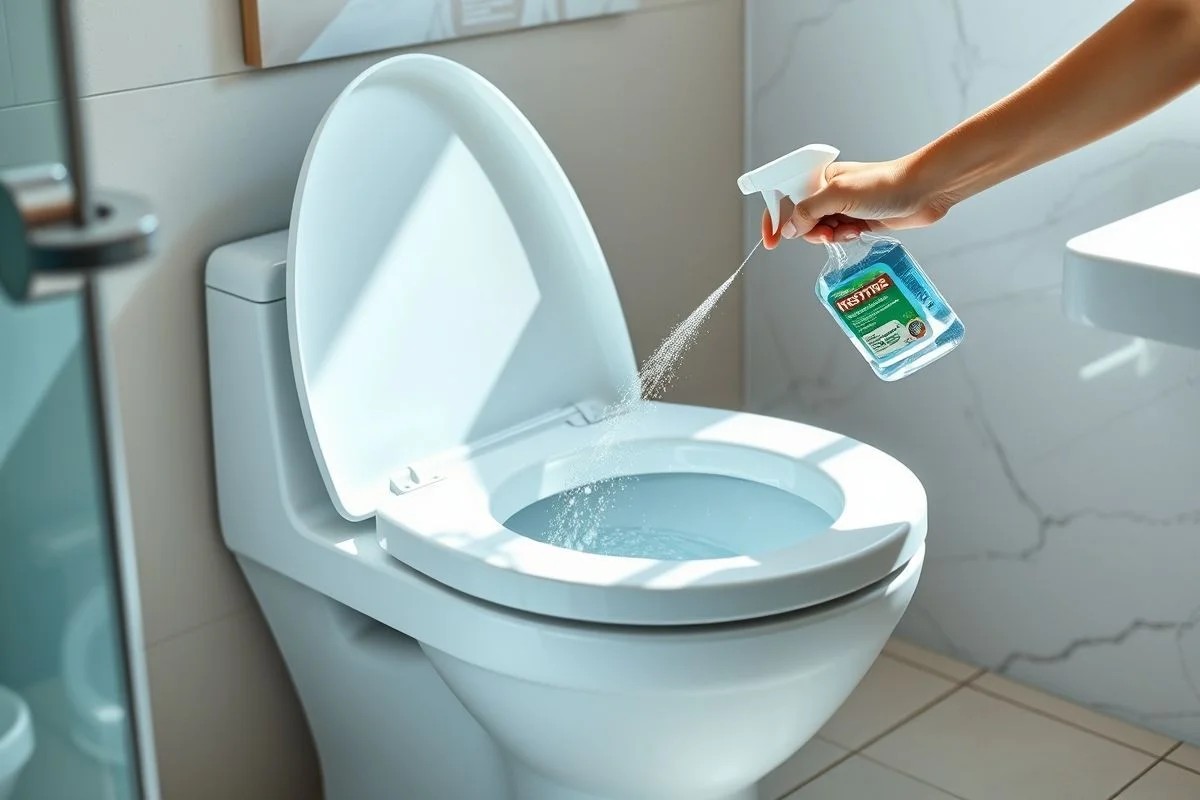 Vaso sanitário impecável sendo limpo com produto específico em banheiro brasileiro.