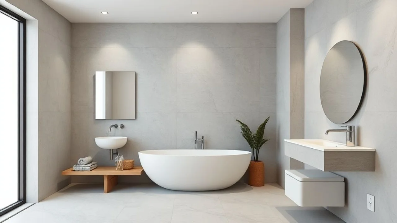 Banheiro moderno com paredes de drywall resistente à umidade, design clean.