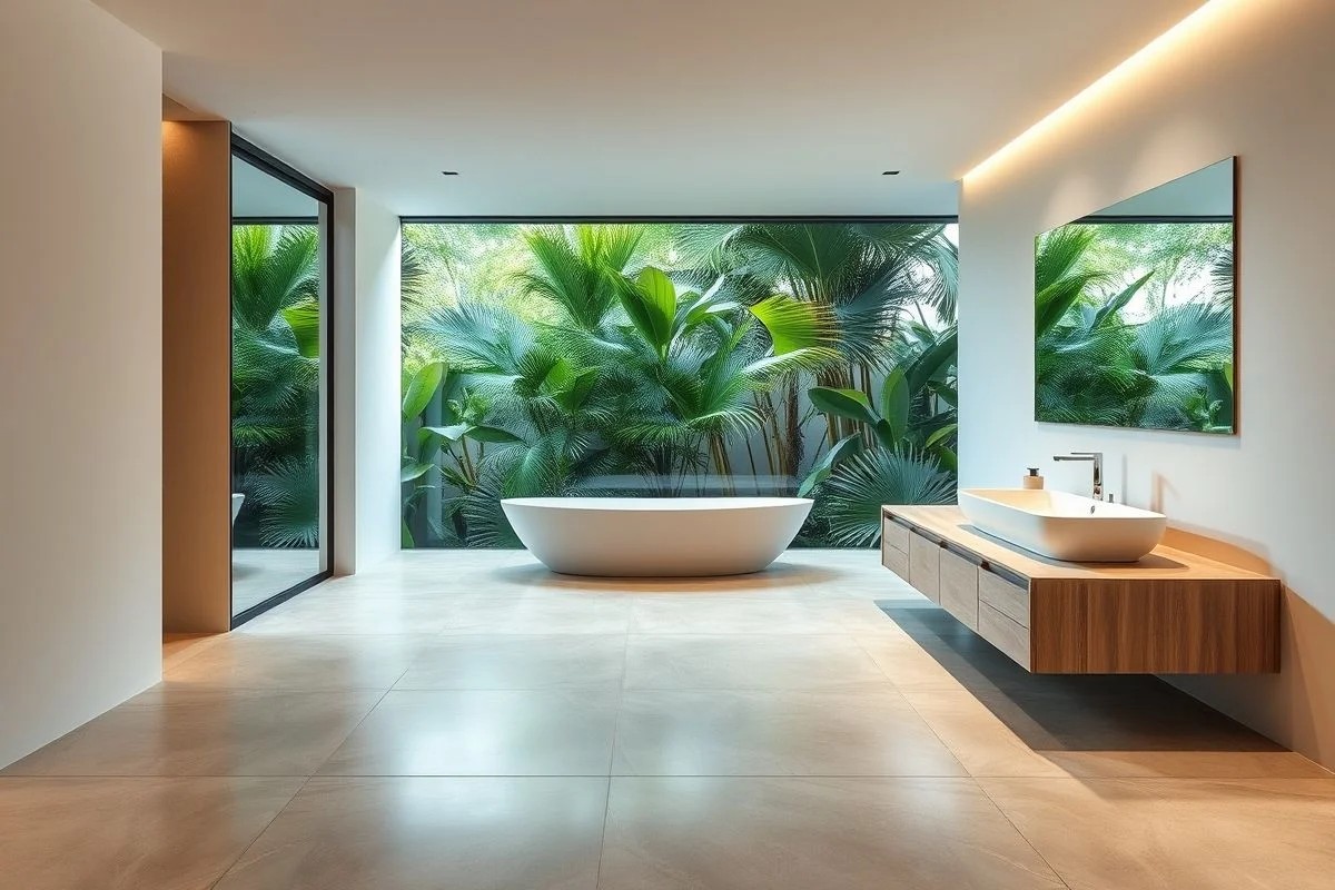 Banheiro moderno com piso de pedra natural e vista para jardim tropical.