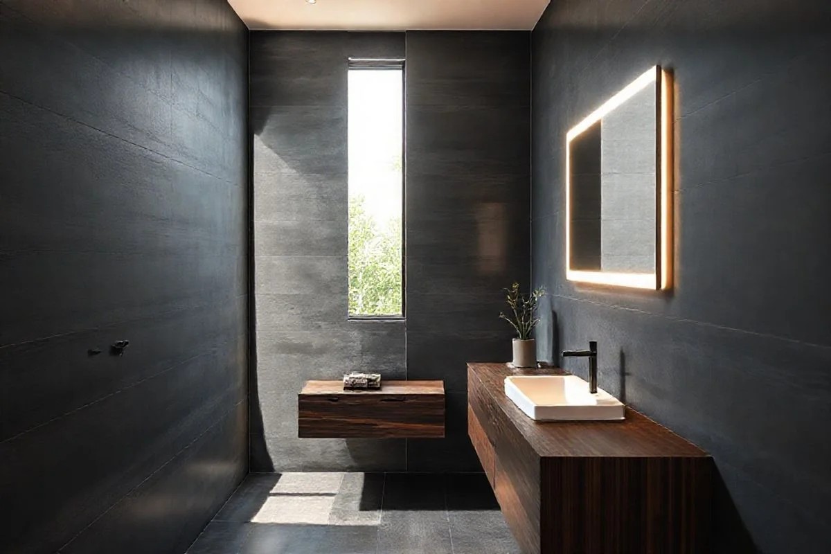 Banheiro moderno brasileiro com design elegante e iluminação LED.