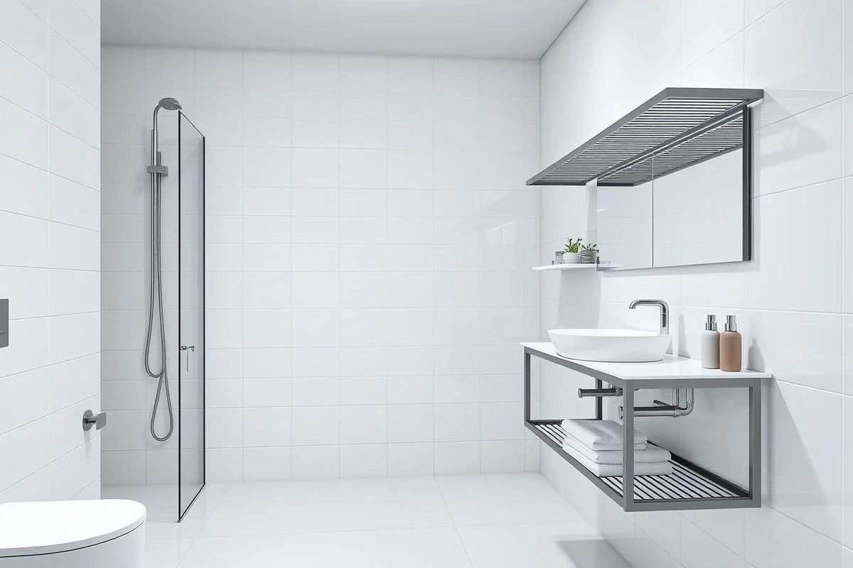 Banheiro moderno com prateleiras de metal e design geométrico.