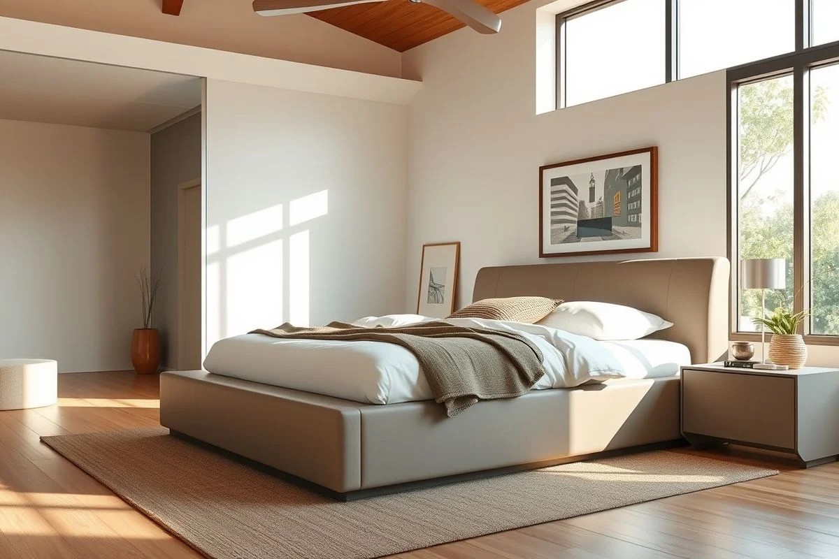 Cama box moderna com baú otimizando o espaço do quarto.