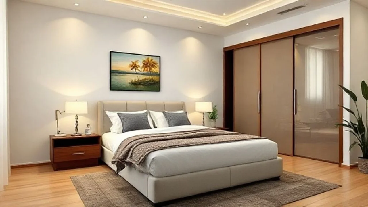 Quarto de casal com cama king-size, mesas de cabeceira e guarda-roupa moderno, Brasil.