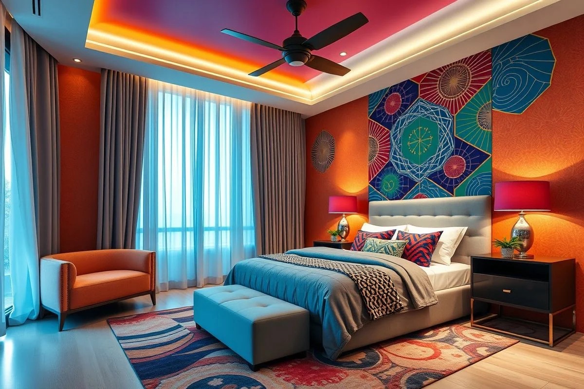 Quarto moderno brasileiro com cores vibrantes, design arrojado e tecnologia integrada.