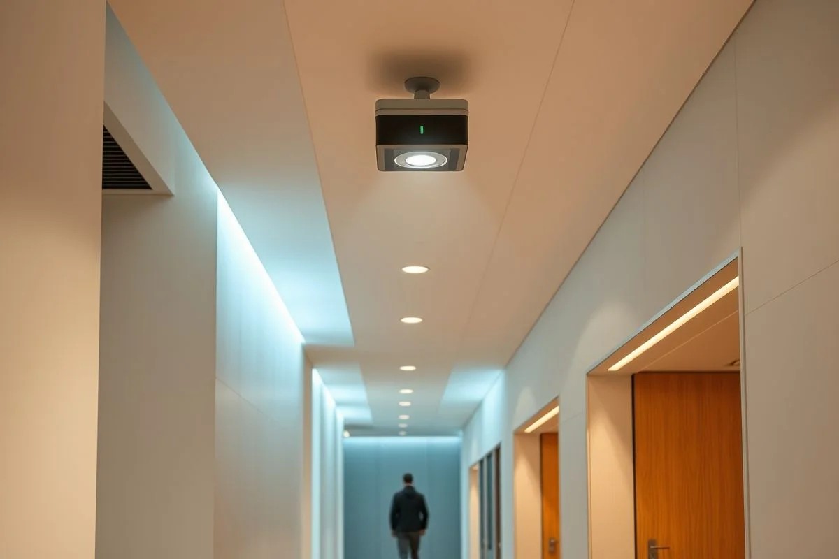 Corredor moderno iluminado por plafon com sensor de movimento, eficiência energética e tecnologia.