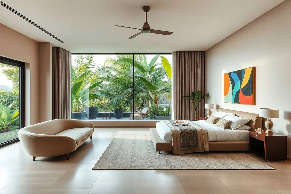 Quarto de casal moderno com linhas retas, cores neutras e decoração minimalista.