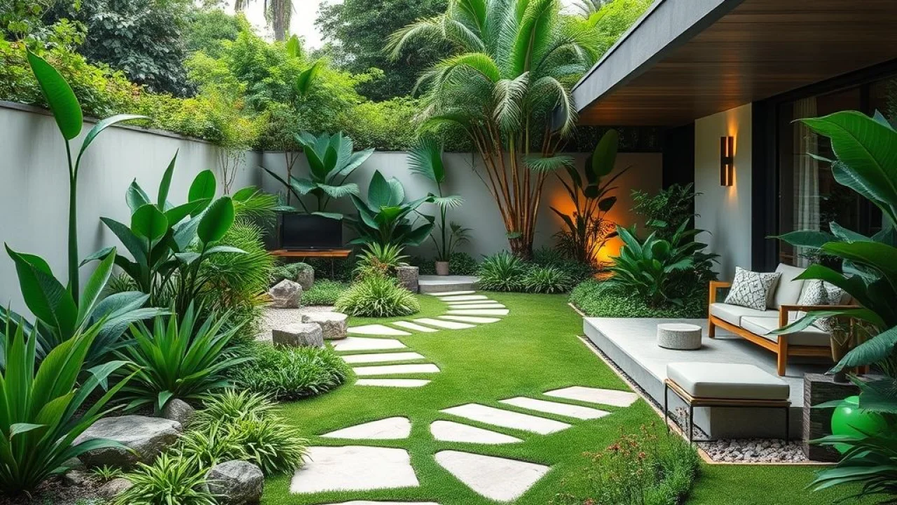 Jardim moderno minimalista com plantas nativas e pedras, design brasileiro.
