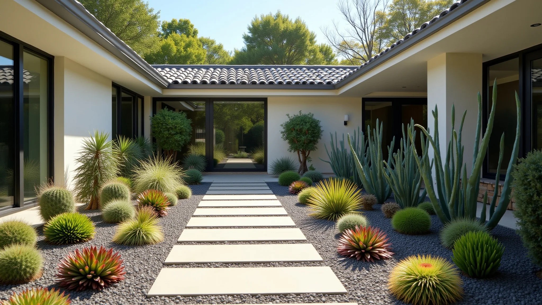 Jardim brasileiro moderno com variedade de suculentas e cactos, design minimalista.