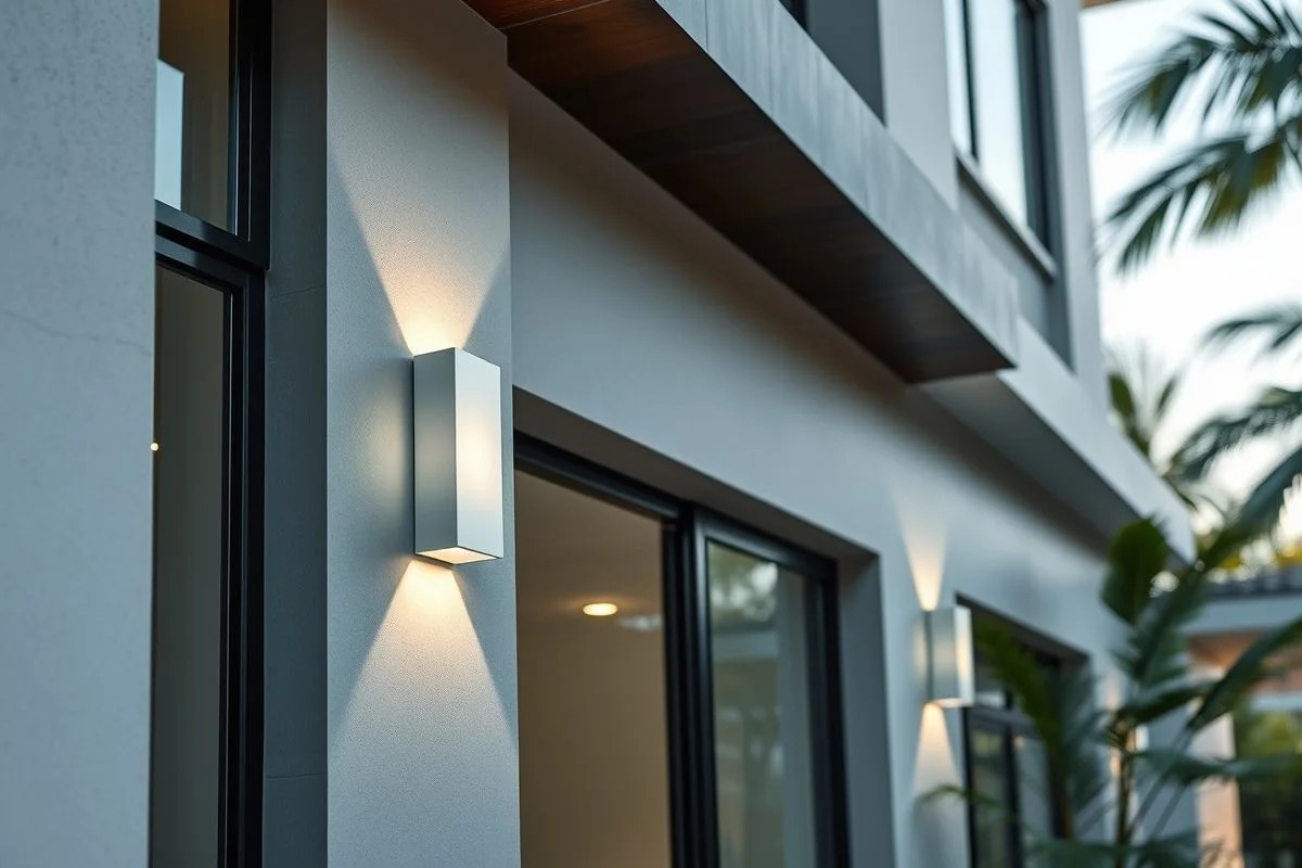 Casa moderna brasileira com arandelas minimalistas, iluminação de entrada.