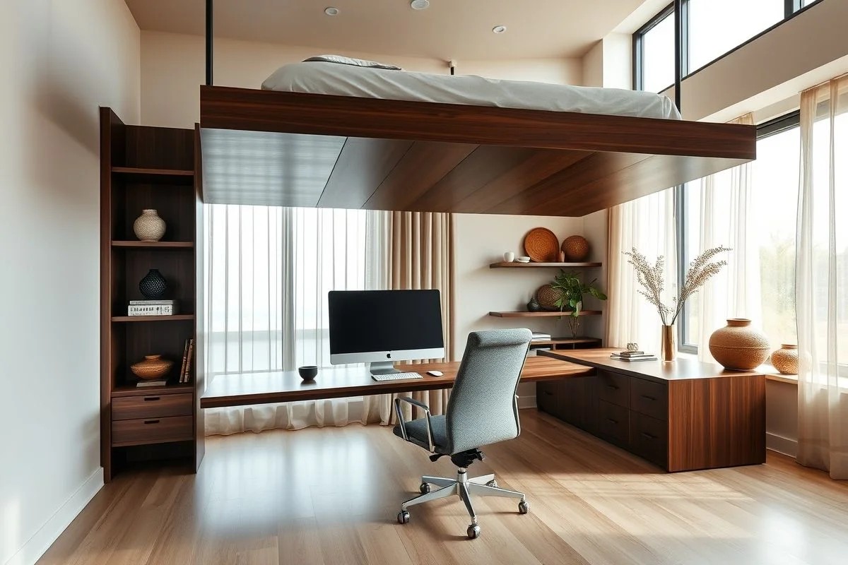 Home office moderno embaixo de cama suspensa com mesa e cadeira ergonômica.