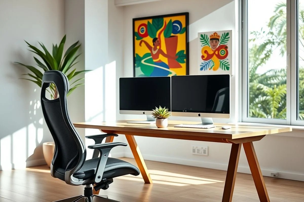 Home office moderno e ergonômico com iluminação natural no Brasil.