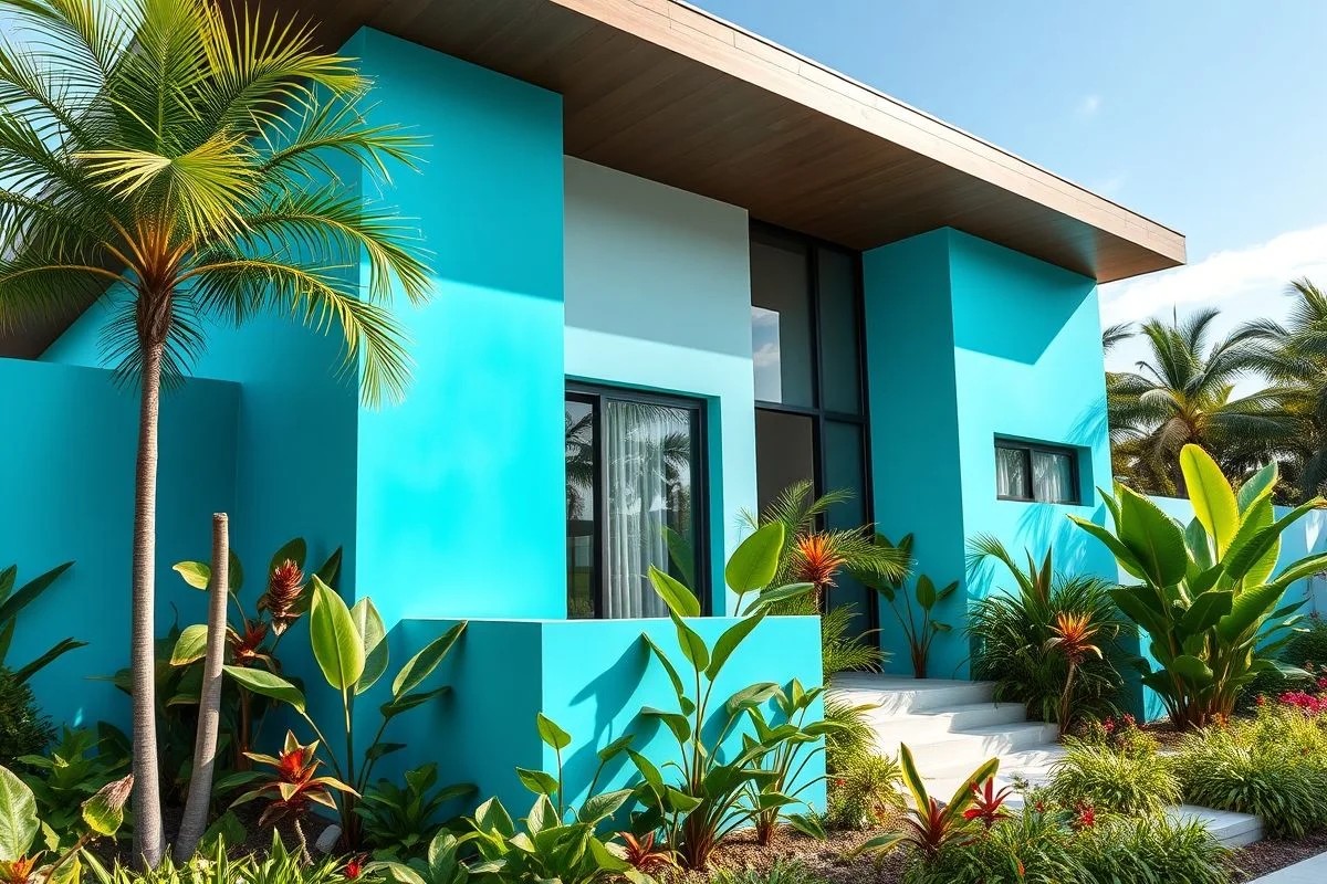 Casa moderna brasileira com detalhes em turquesa, design minimalista e paisagismo nativo.