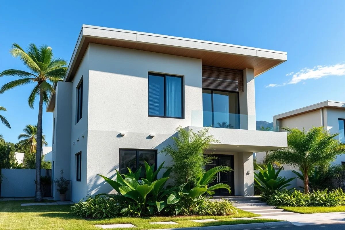 Fachada moderna de casa brasileira com design minimalista e paisagismo vibrante.