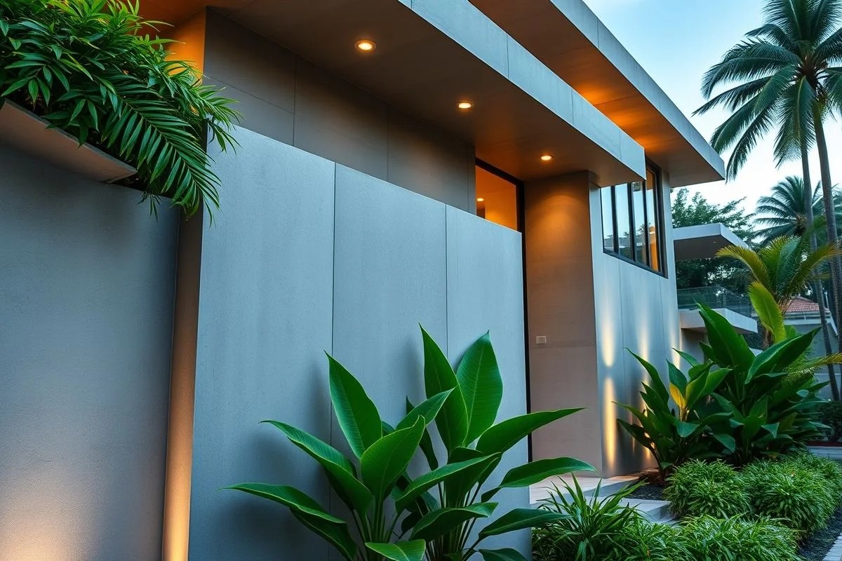 Muro de concreto moderno com iluminação e paisagismo tropical no Brasil.