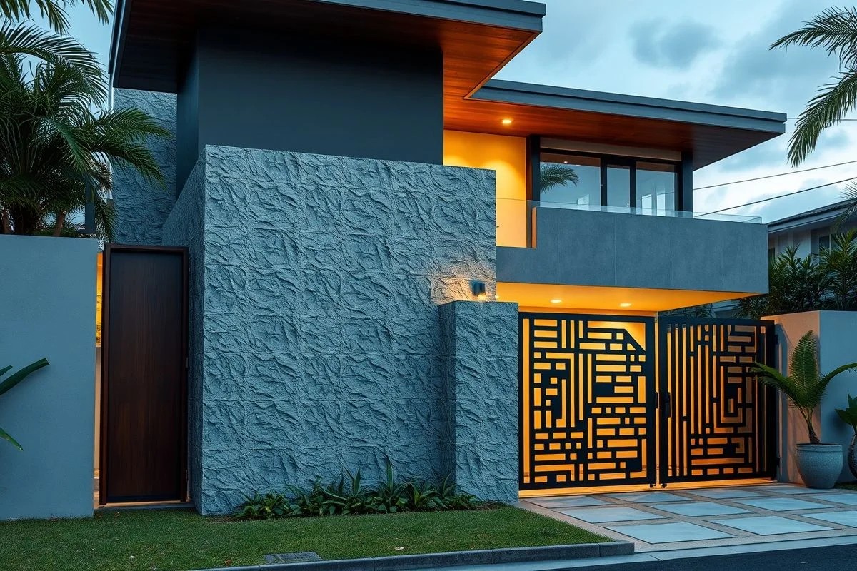 Muro com textura e portão diferenciado em casa moderna no Brasil.