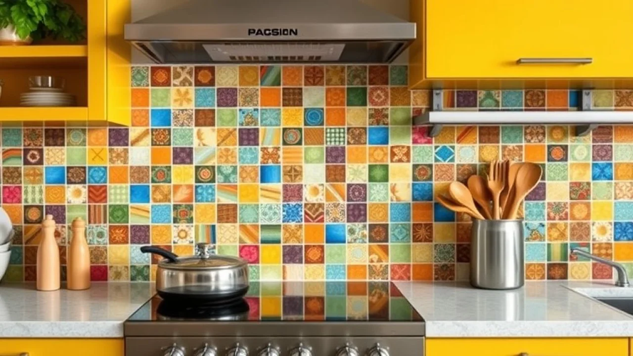 Backsplash de cozinha com adesivos de azulejo colorido. Reforma fácil