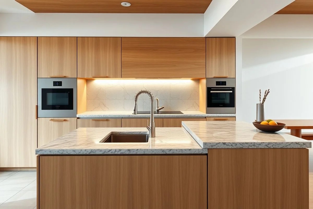 Cozinha moderna com bancada de granito elegante e funcional.