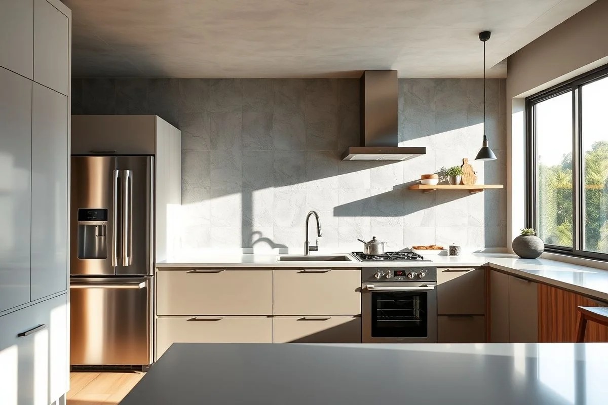 Cozinha moderna brasileira com backsplash de cimentício e inox.