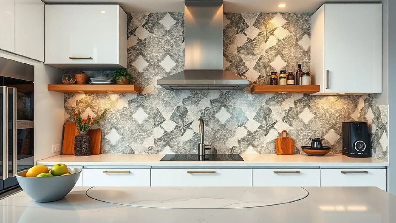 Cozinha brasileira moderna com cerâmica geométrica, unindo o clássico ao moderno.