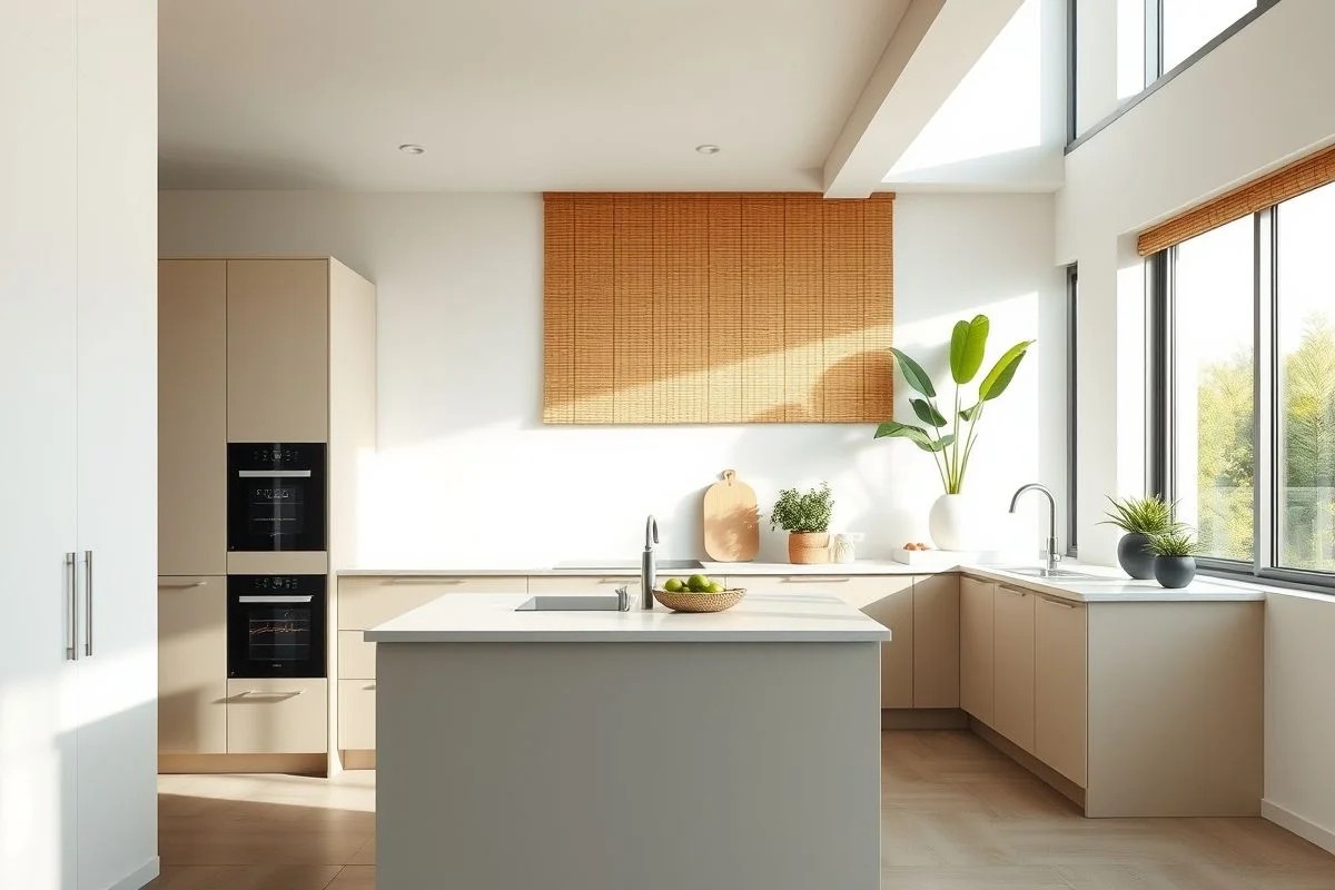 Cozinha moderna brasileira com persiana rolô minimalista e luz natural.