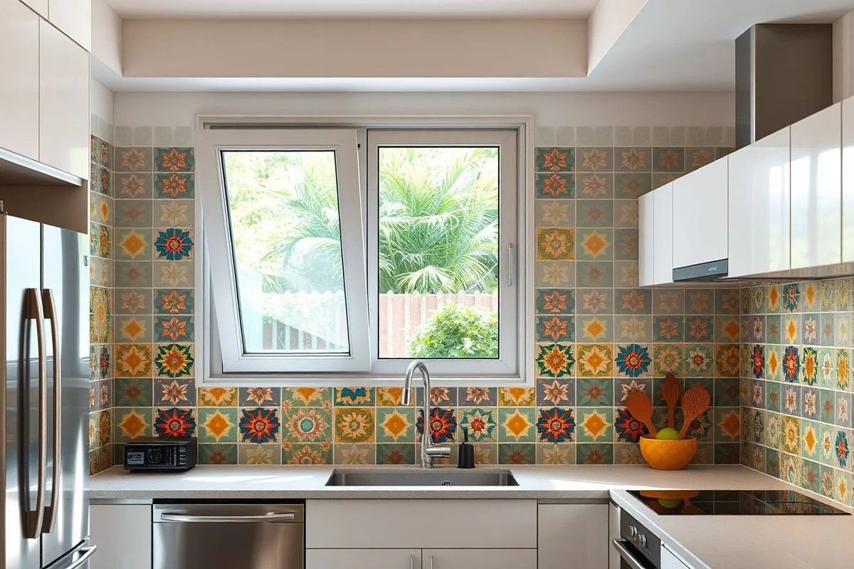 Cozinha moderna com janela basculante de PVC sobre a pia, iluminação e ventilação.