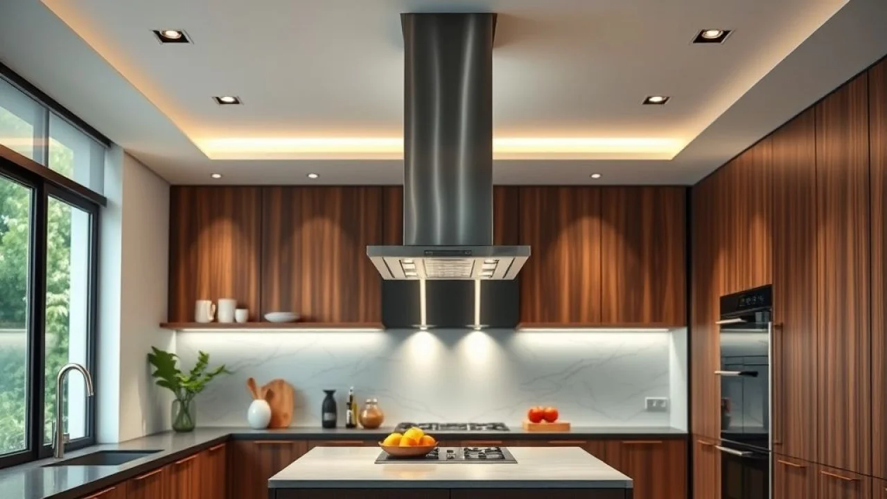 Cozinha moderna com coifa de inox, garantindo ventilação e remoção de odores e fumaça.