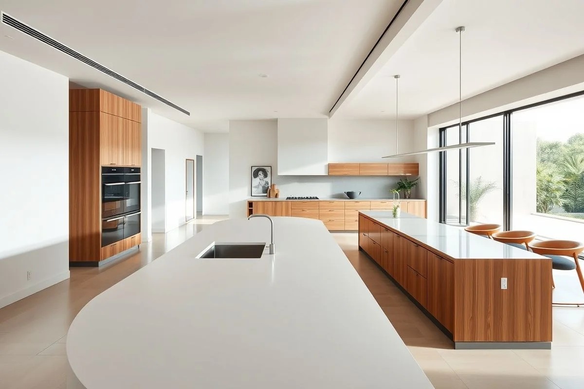 Cozinha moderna brasileira com bancada de Corian e design minimalista.