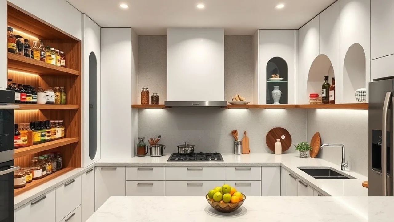 Nichos de gesso embutidos na parede de cozinha brasileira, expondo temperos e objetos decorativos.