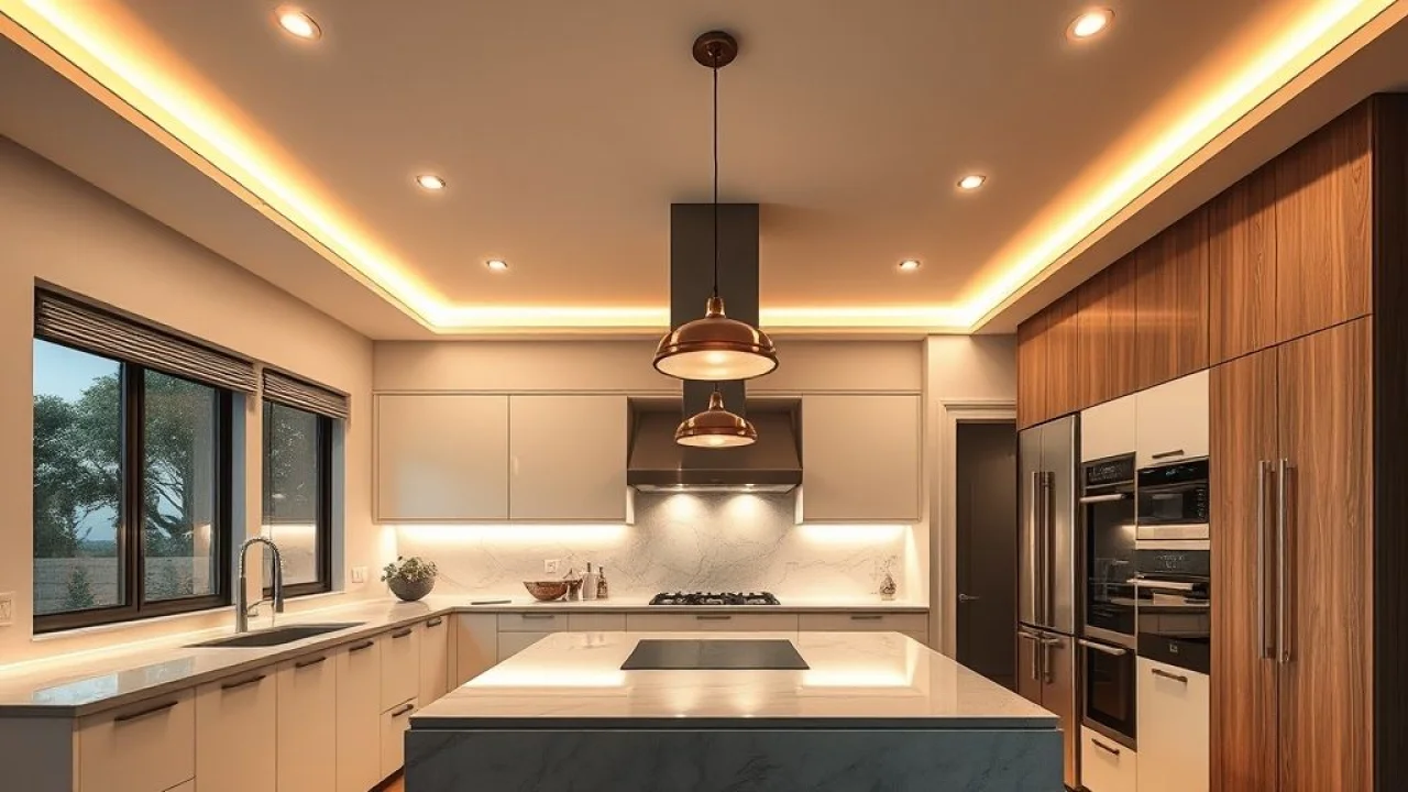Cozinha brasileira moderna com iluminação diversificada e funcional.