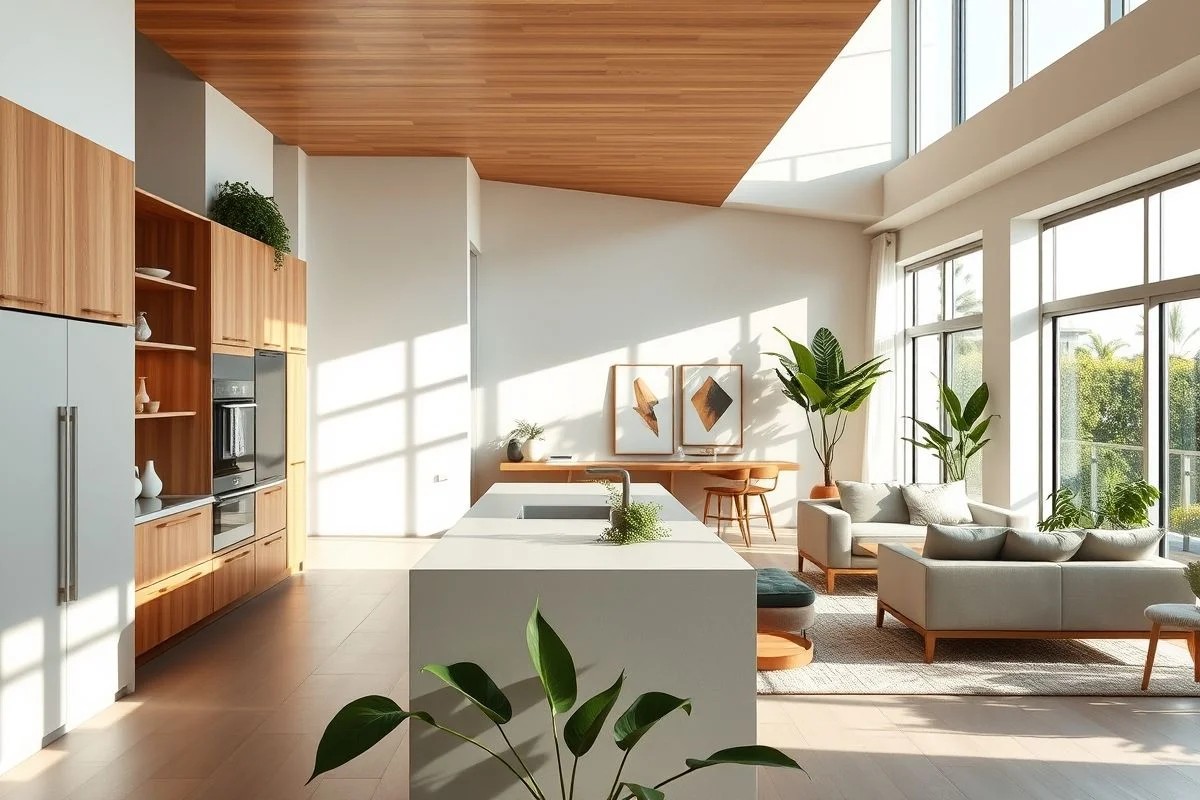 Cozinha integrada com sala de estar em estilo moderno e cores neutras.
