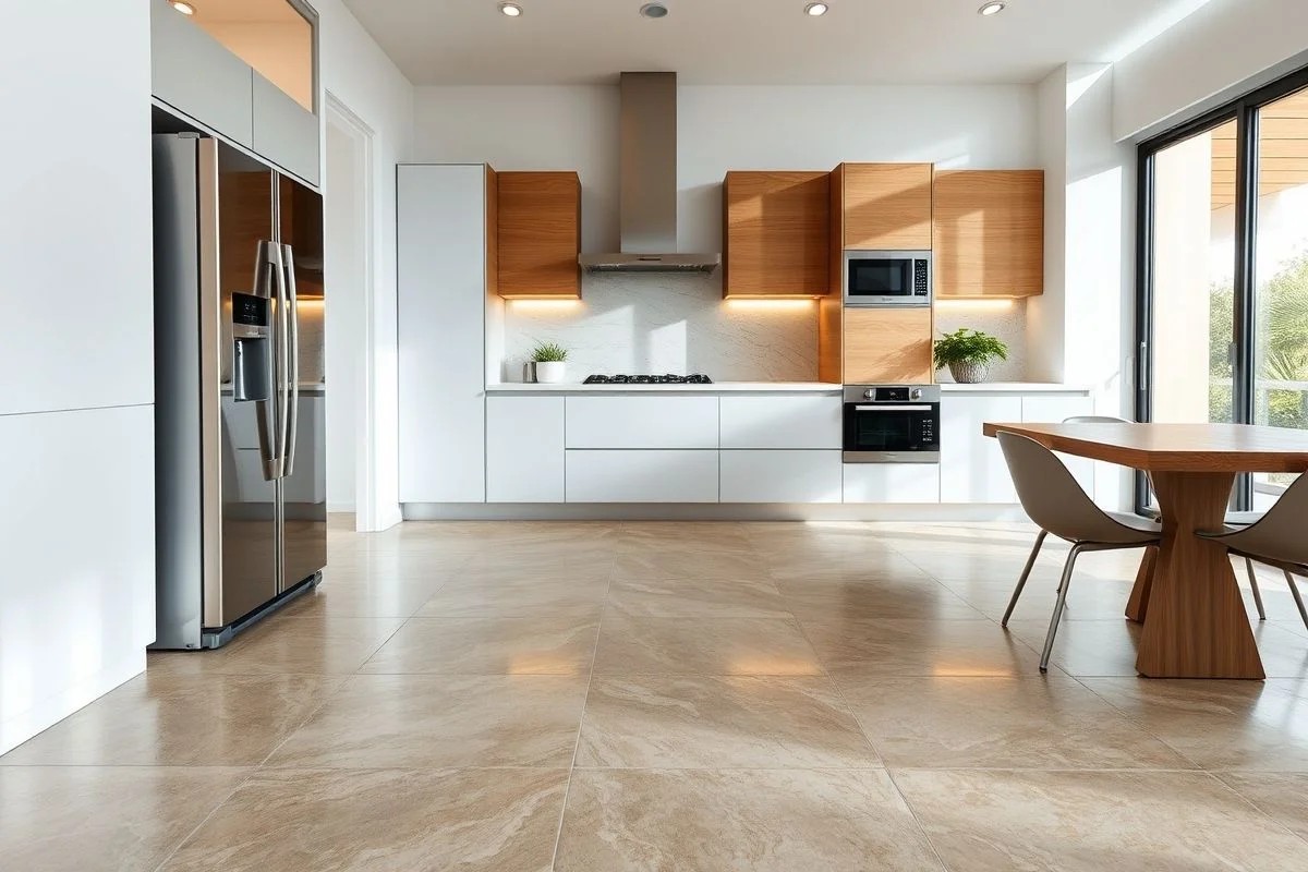 Cozinha moderna com piso vinílico flutuante resistente à água e design minimalista.