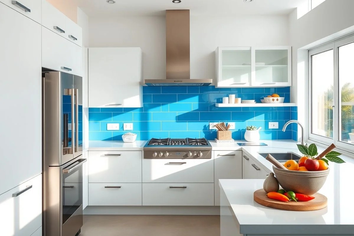 Cozinha moderna com armários brancos e detalhes azuis.