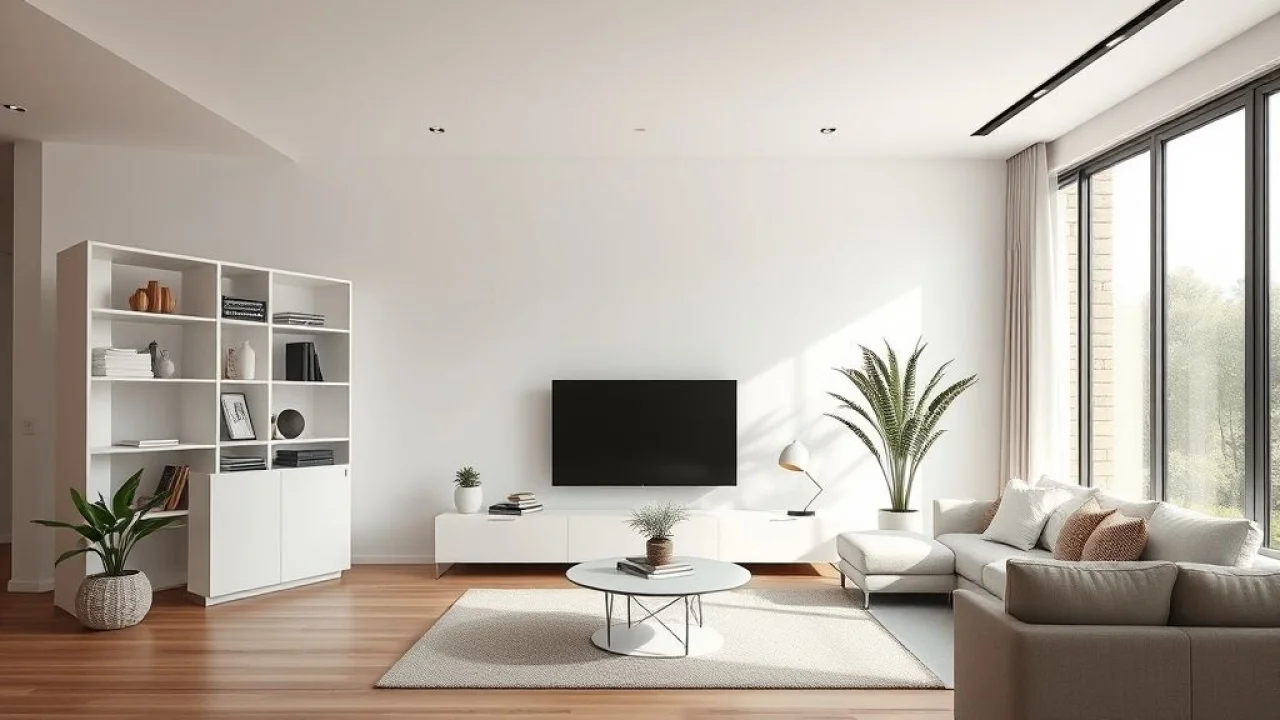 Sala moderna com rack branco minimalista e iluminação natural abundante.