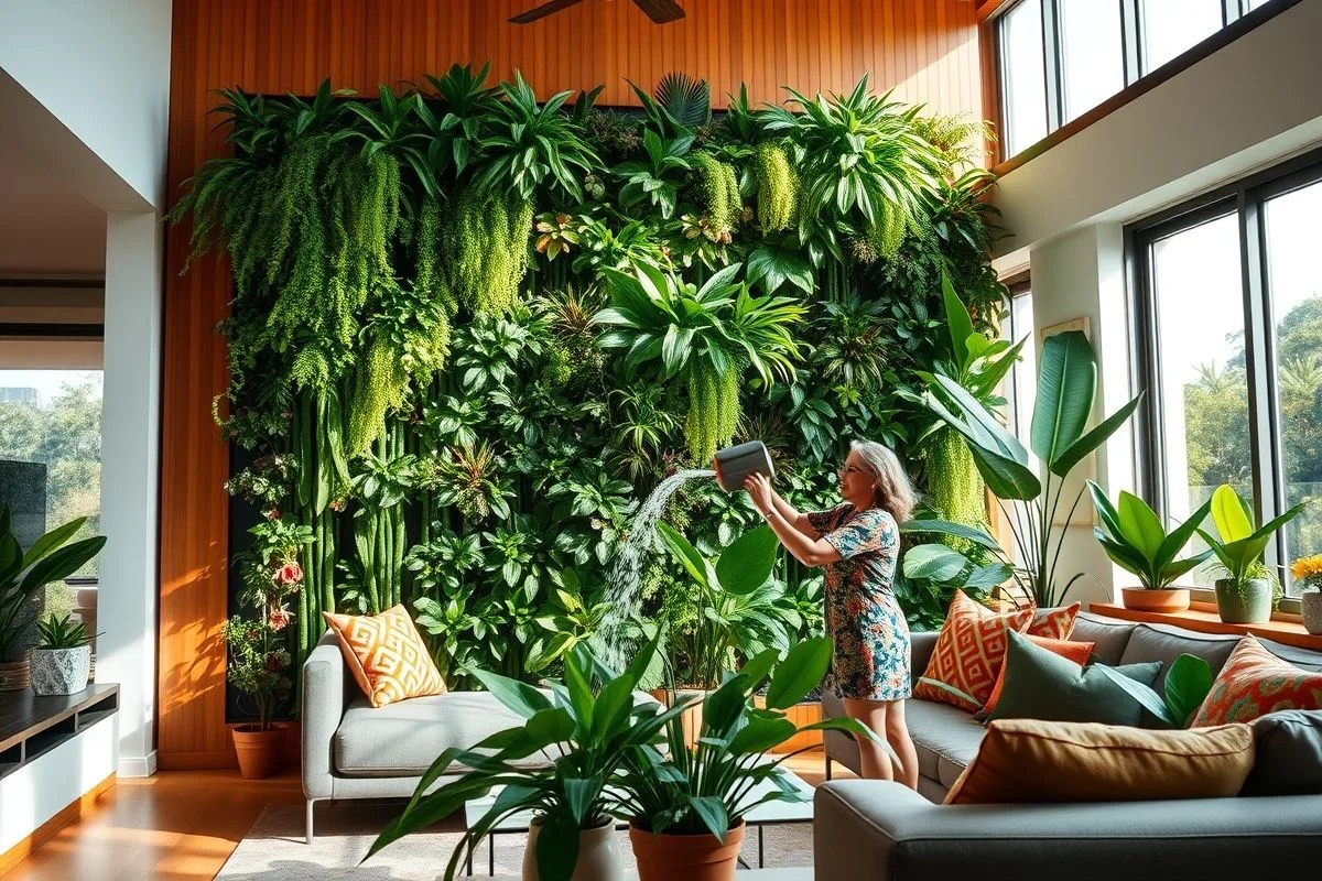 Jardim vertical em sala de estar brasileira, plantas e luz natural.