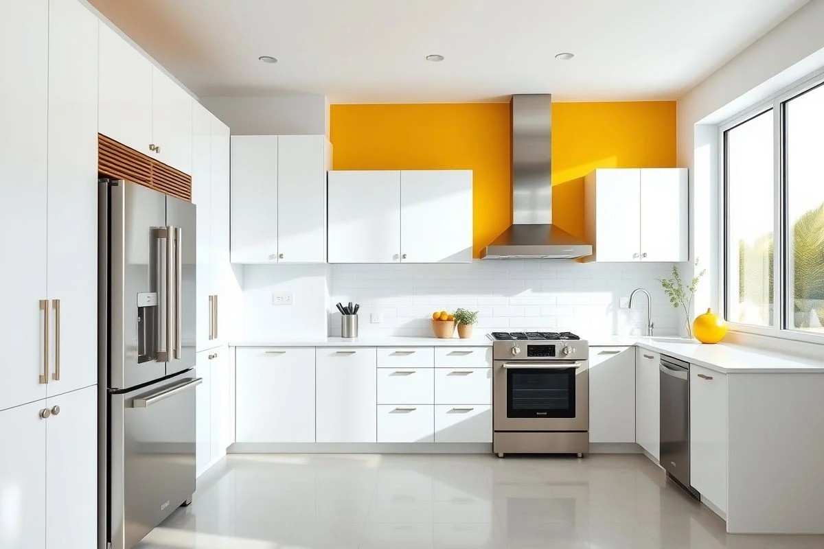 Cozinha branca brasileira com eletrodomésticos inox e parede amarela vibrante.