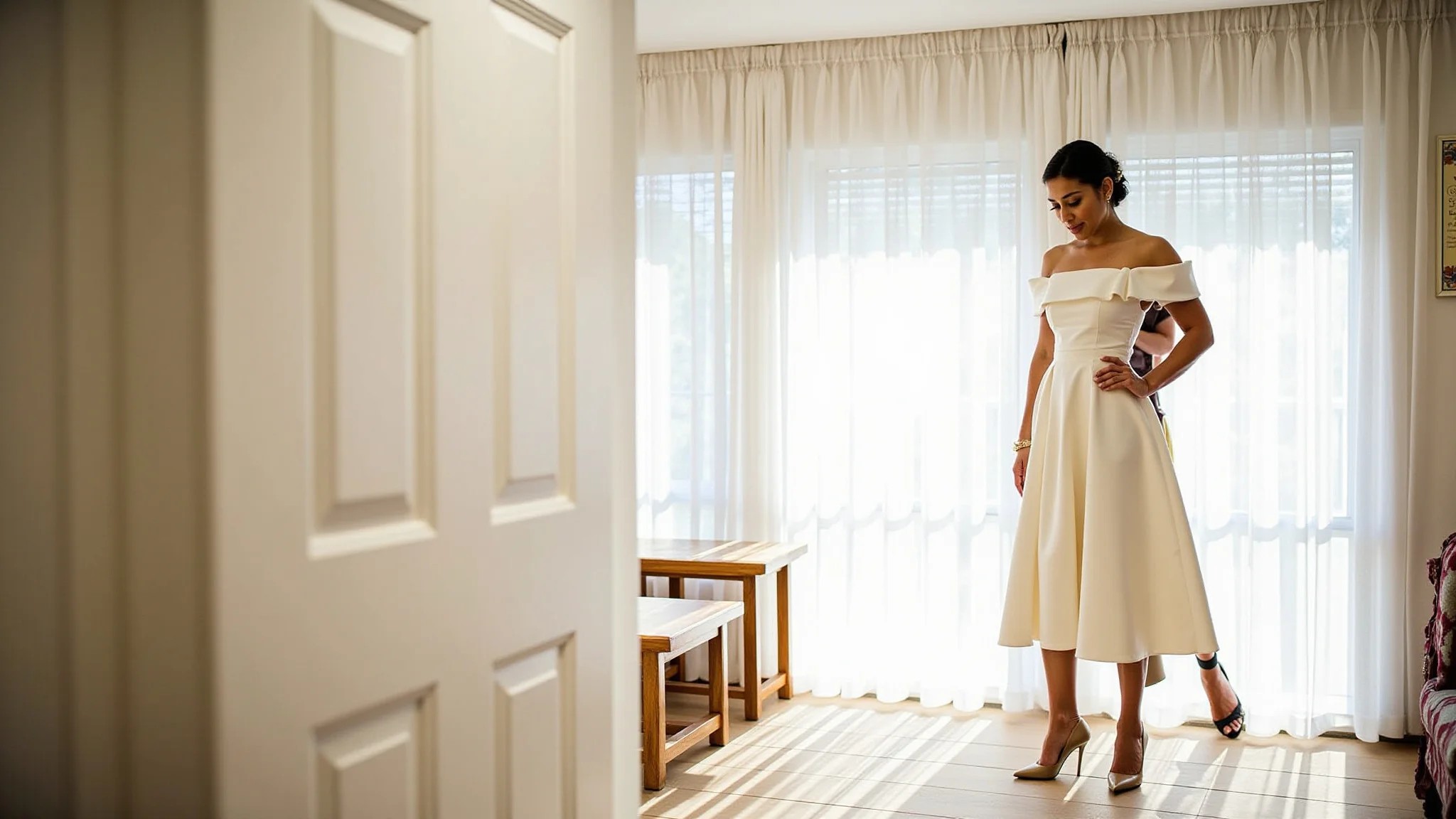 Noiva moderna com vestido midi off-white e salto nude em casamento civil.