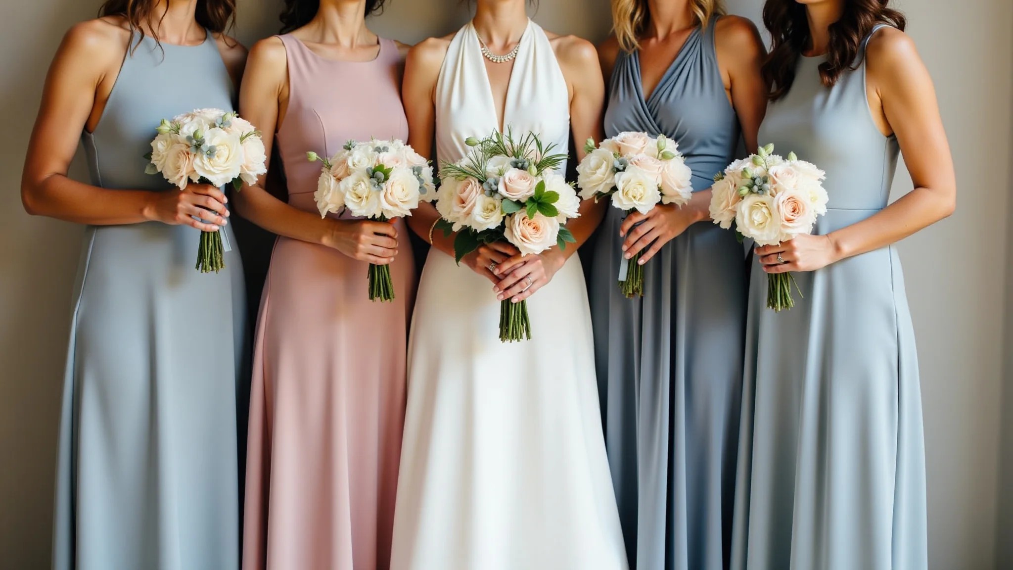 Madrinhas modernas em vestidos cinza, rosa quartz e azul serenity em casamento minimalista urbano brasileiro.