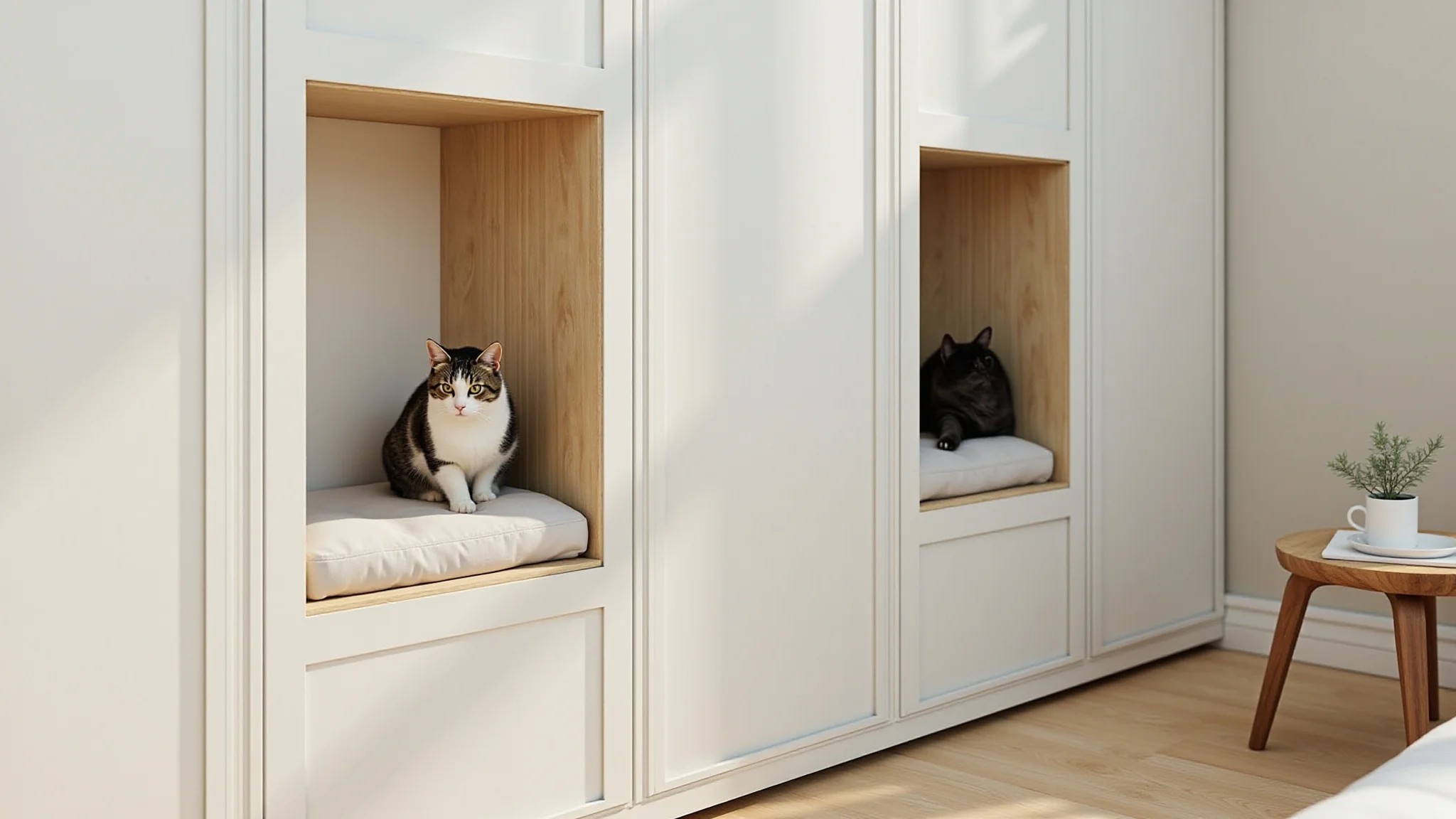 Cama de gato nicho na parede, design moderno e otimização de espaço.